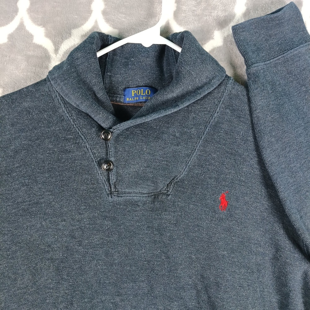Polo Ralph Lauren Sweater Men Large Gray Shawl Collar Cotton Preppy Pullover